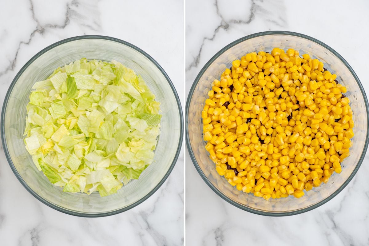 layer the lettuce, bean, corn in the trifle bowl. 