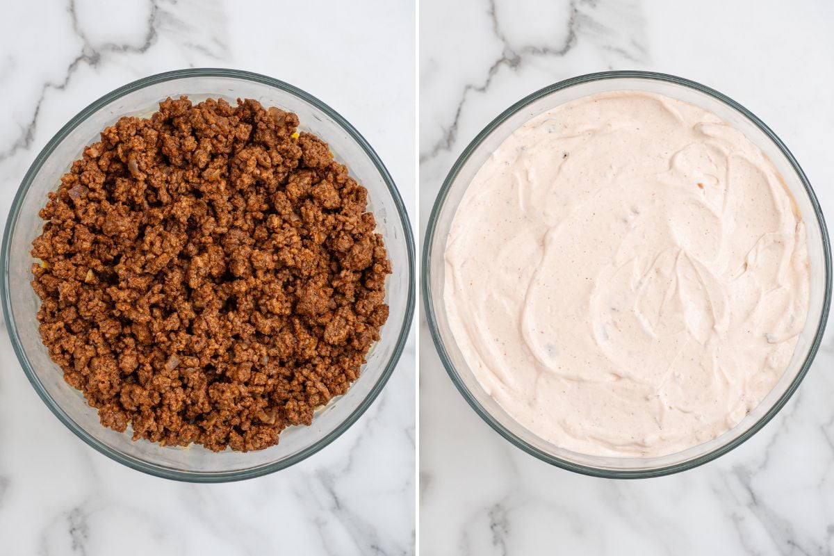 layer the taco meat and the dressing. 