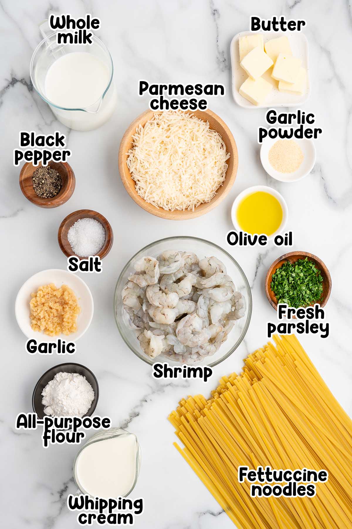Shrimp Alfredo Pasta Ingredients.