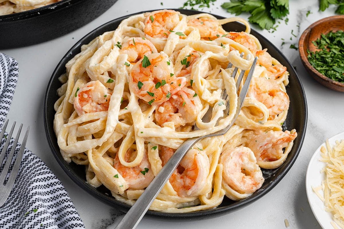Shrimp alfredo pasta on a black plate with a silver fork and parsley garnish.