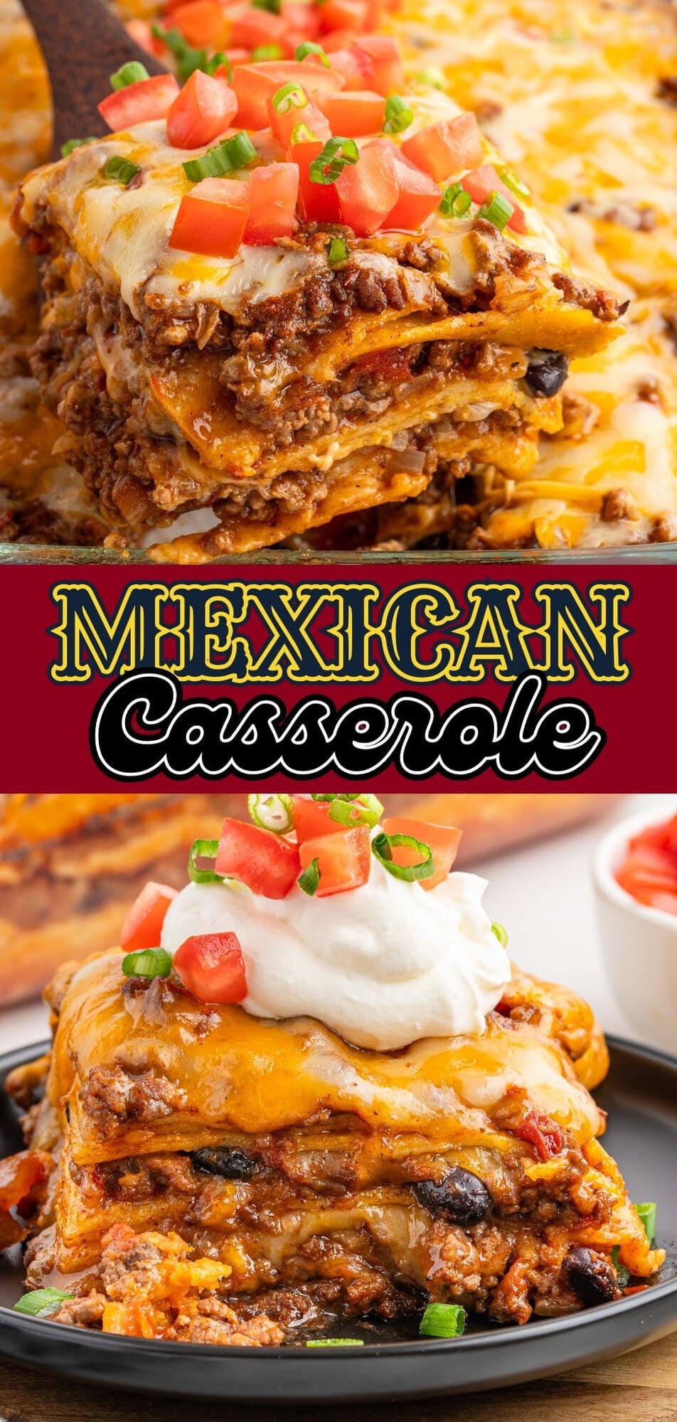 A vertical shot of a wooden server lifting a large, cheesy portion of Mexican casserole out of a 9x13 glass baking dish. The gooey cheese pulls away from the dish, revealing layers of corn tortillas and taco meat underneath, topped with bright red Roma tomatoes and sliced green onions.