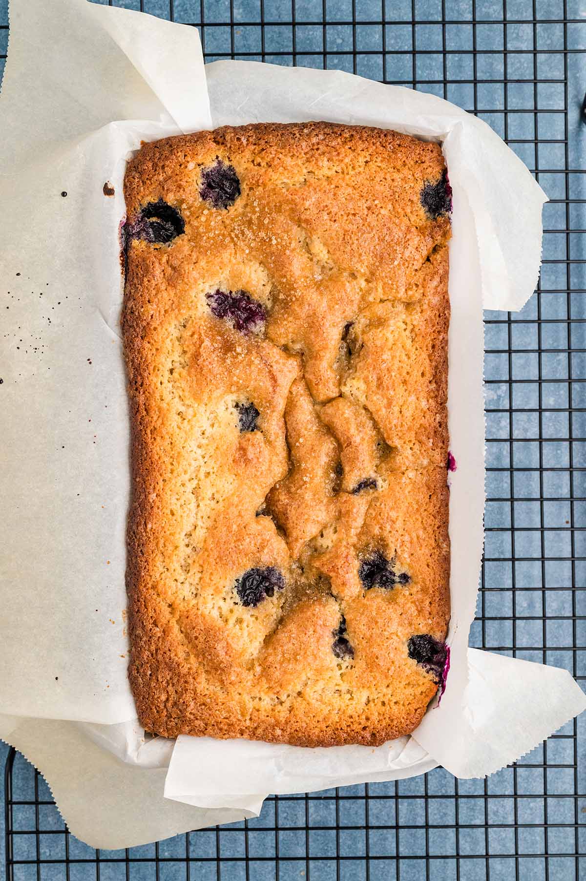 baked blueberry muffin bread in a loaf. 