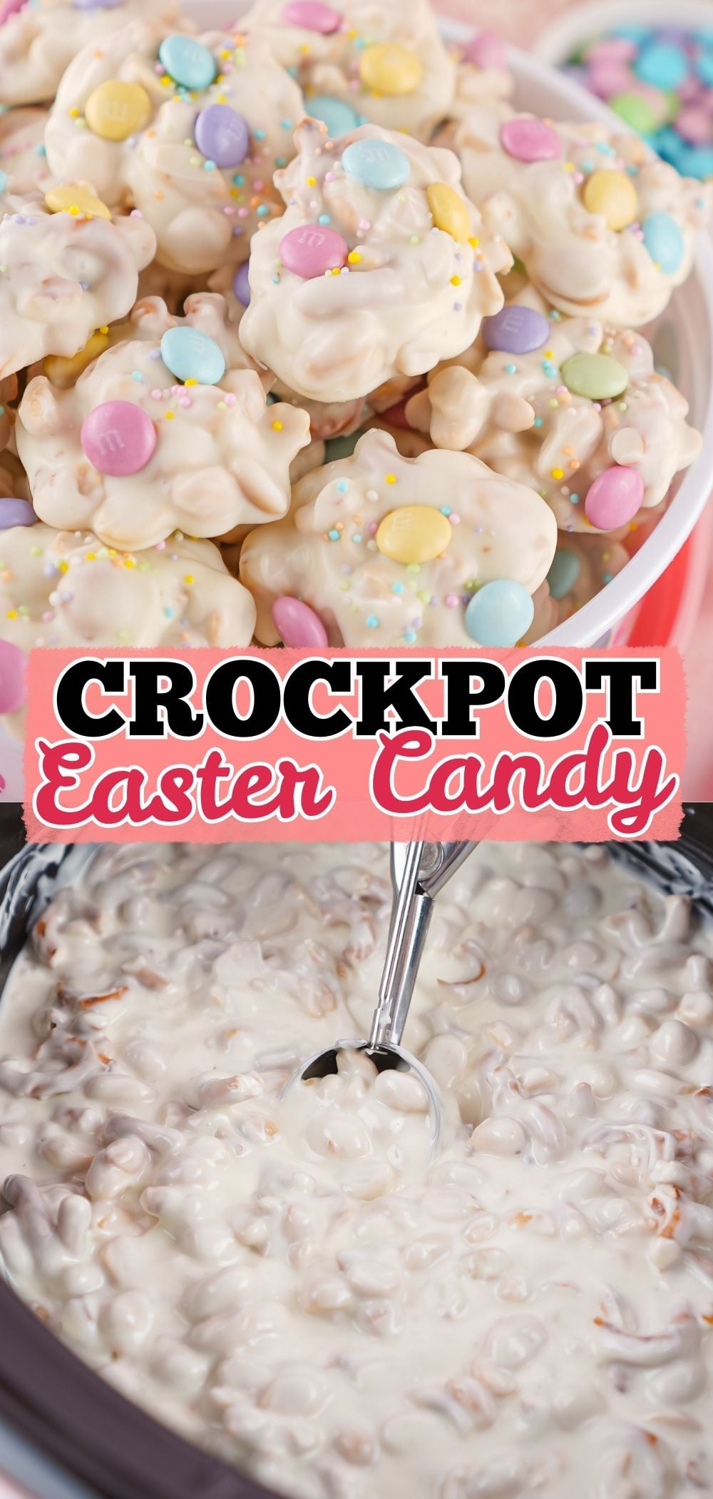 white chocolate candy in a bowl and melted in the crock pot