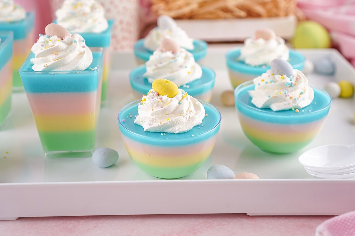 Layered pastels and candy toppers.