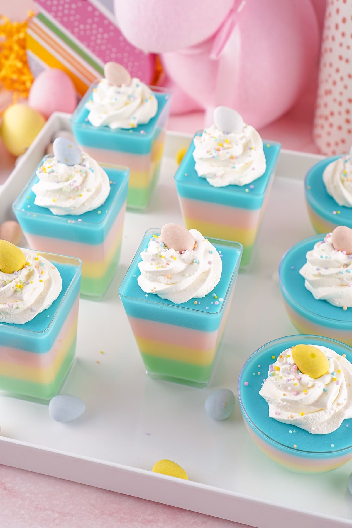 easter jello cups in a tray.