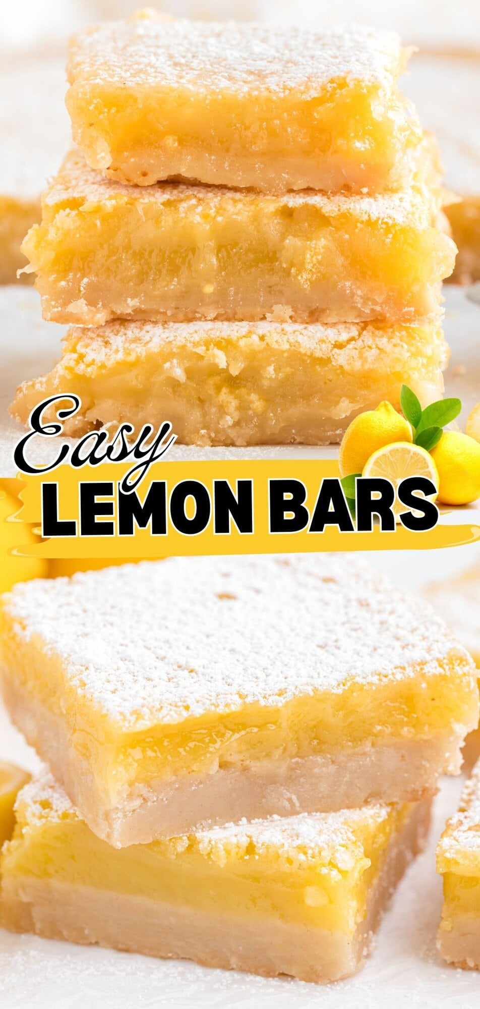 A vertical shot showing a tall stack of three square lemon bars on a white surface, followed by a single bar in the foreground. Each bar has a thick, pale-colored buttery shortbread base and a vibrant, translucent yellow lemon custard filling.