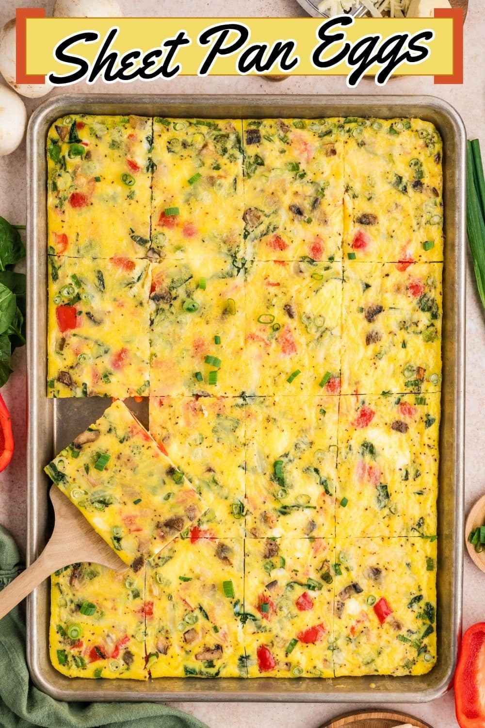 Sheet pan eggs served on a tray.