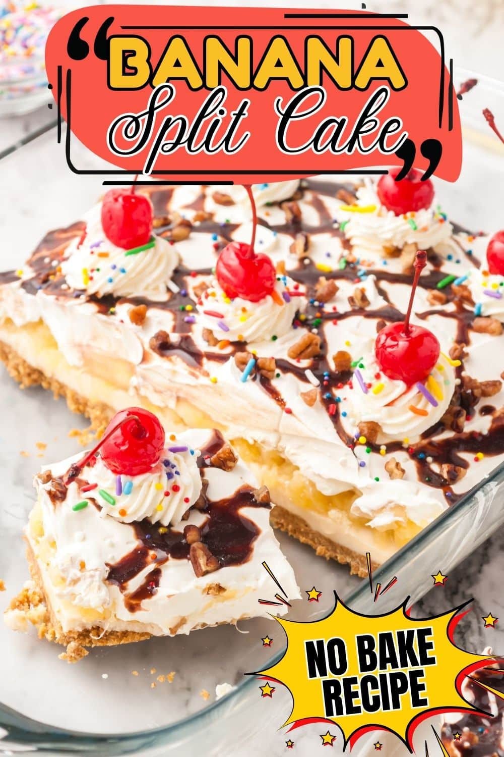 Sliced no bake banana split cake being lifted from a glass pan.