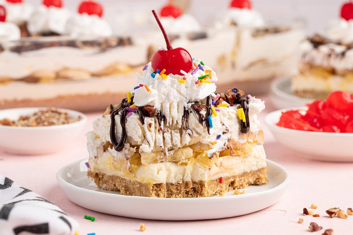 banana split cake with a bite