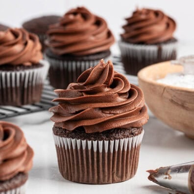 cupcake with chocolate buttercream frosting on top.