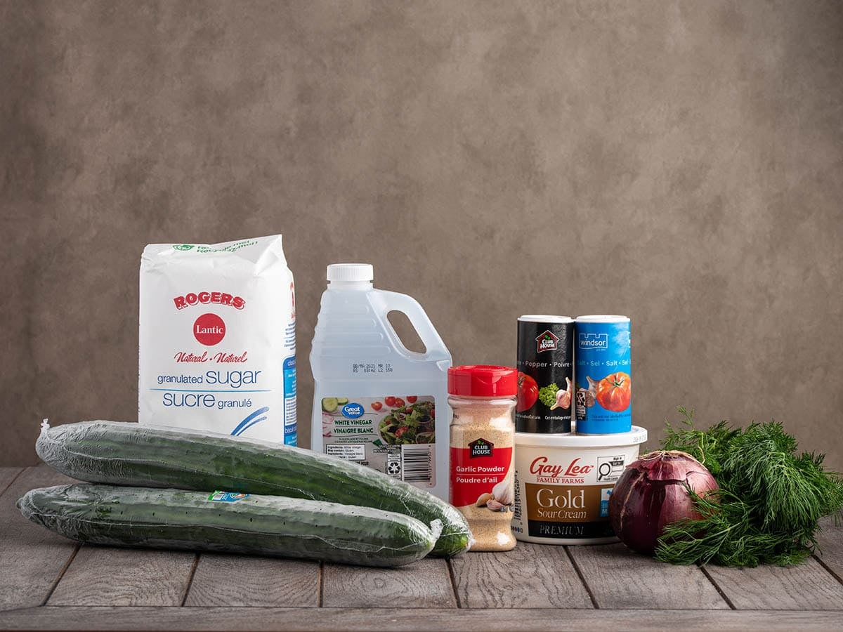 Creamy cucumber salad ingredients.