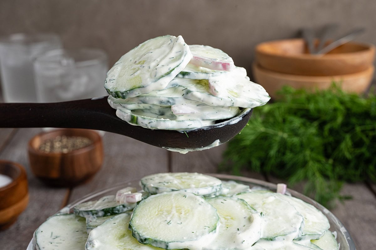 Spoonful of creamy cucumber salad with sliced cucumbers and herbs.