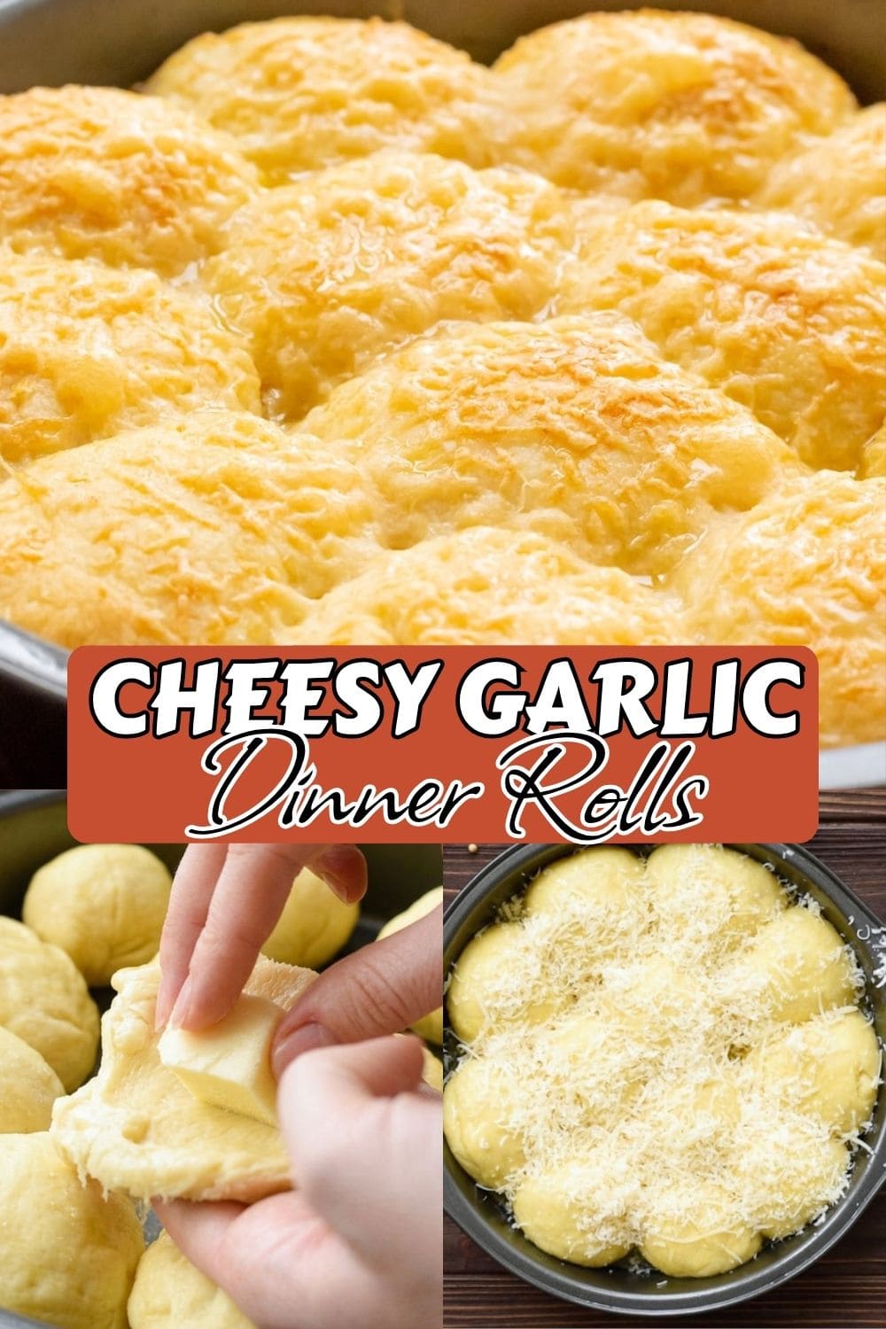 A baking pan of golden brown garlic dinner rolls covered in a thick layer of melted, bubbled cheese fresh from the oven, shown from directly above. Below, two process shots show hands pulling apart a soft, cheese-stuffed roll to reveal the gooey interior, alongside unbaked dough balls coated generously in shredded Parmesan before baking. Bright, warm tones with clean overhead lighting on a dark wood surface.
