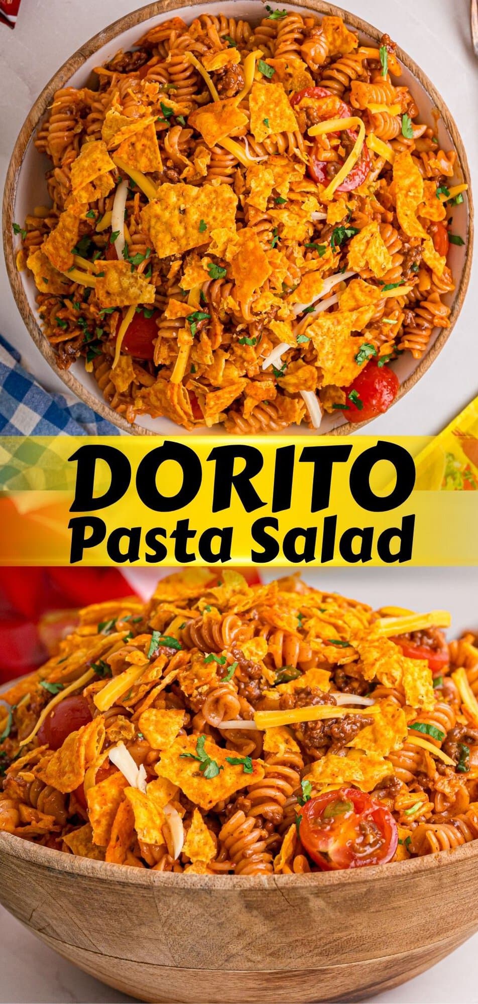 Two views of Dorito pasta salad with rotini, ground beef, cherry tomatoes, shredded cheese, and Dorito chips in a wooden bowl.