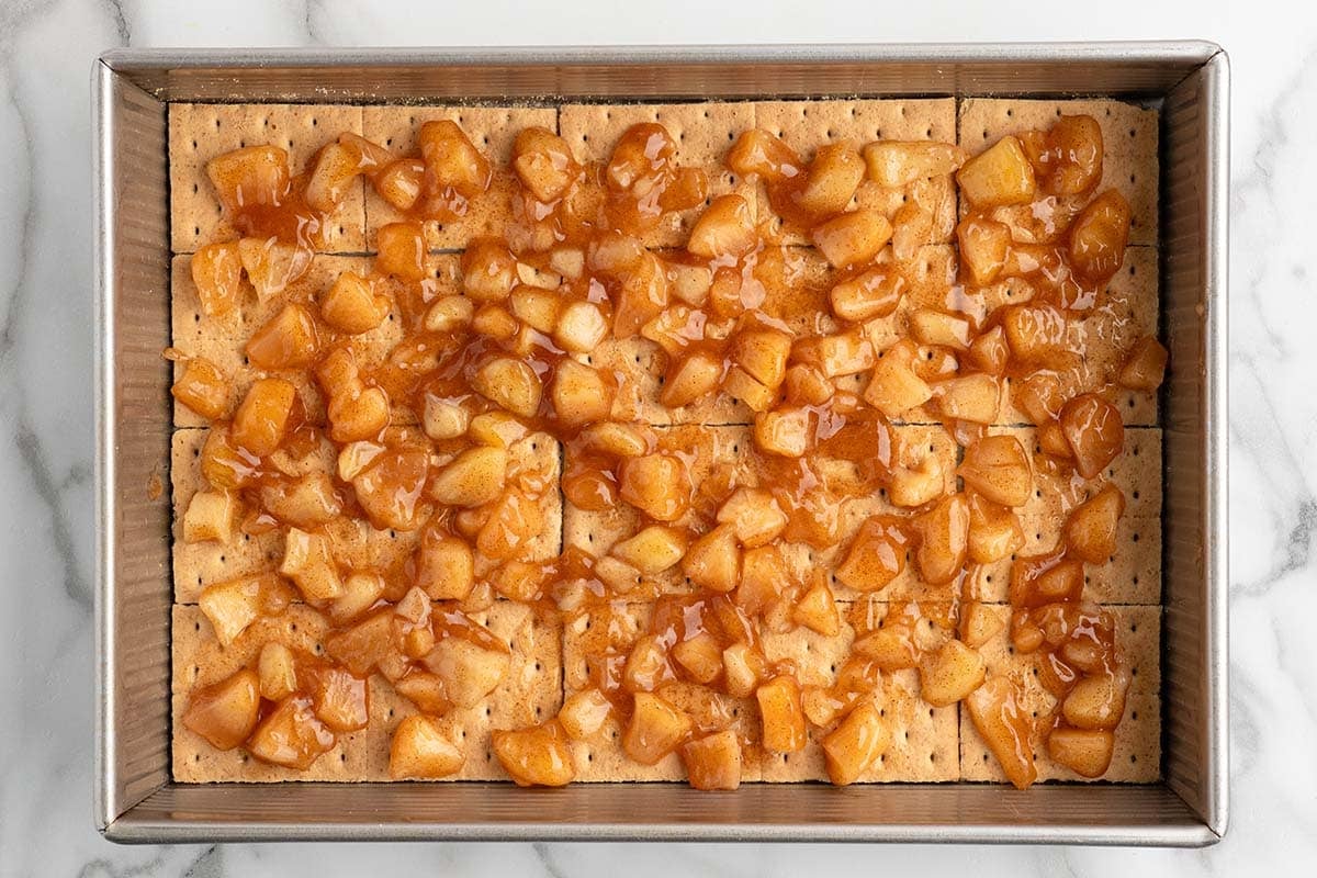Layer the caramel apple pie filling evenly over the graham cracker base.