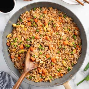 fried rice in a skillet.