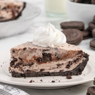 a slice of ice cream pie on a plate.