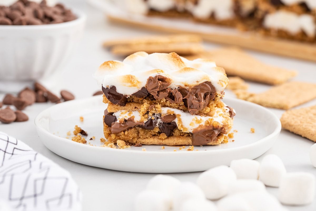 a slice of baked smores on a plate.