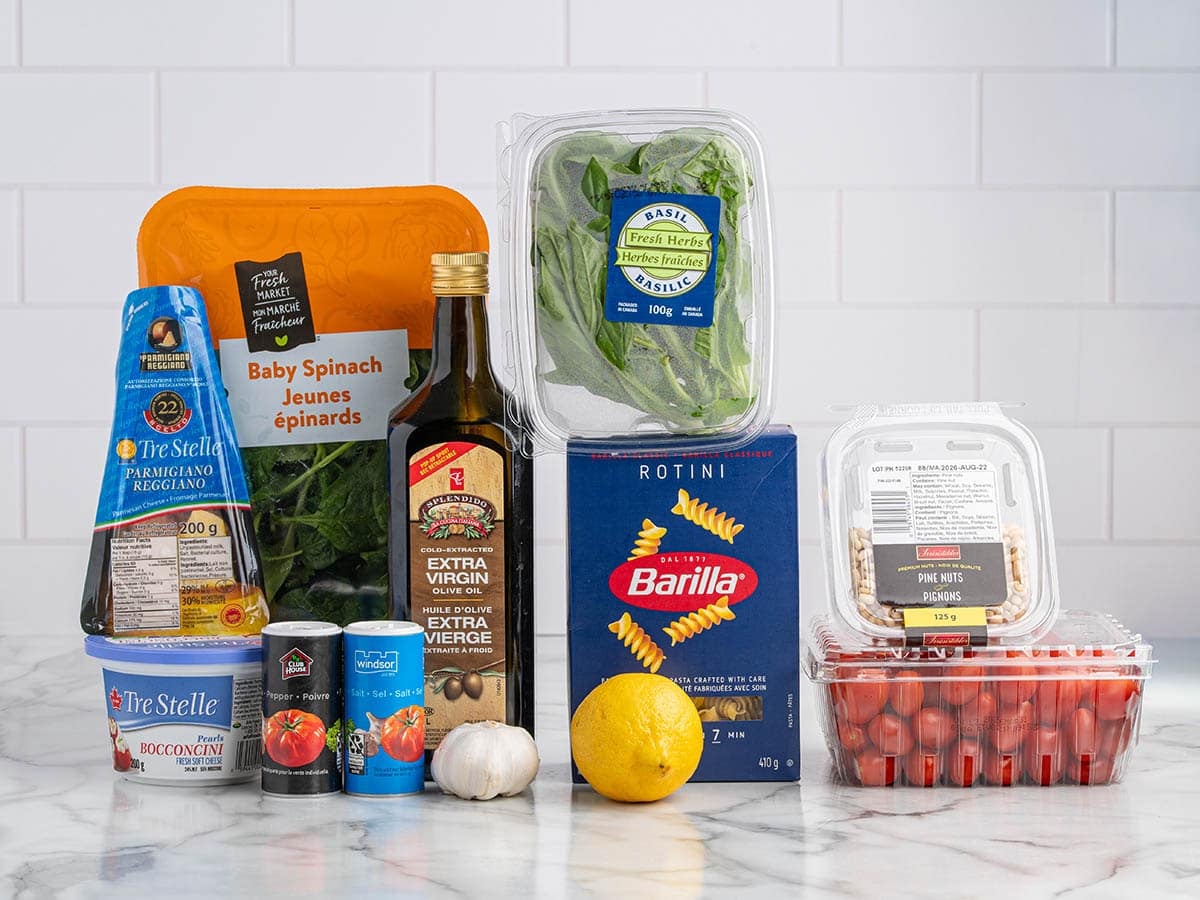 Pesto pasta salad ingredients.