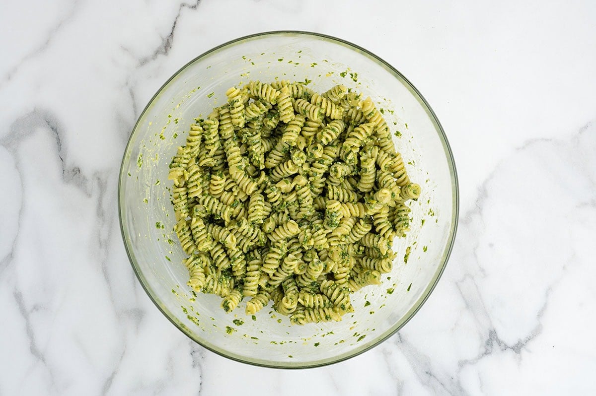 Cooked rotini pasta tossed in fresh homemade pesto before adding salad mix-ins.