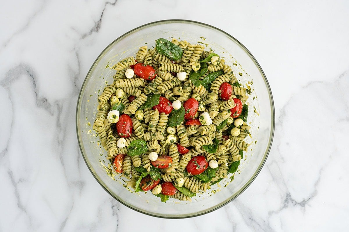 Pesto-coated rotini pasta mixed with cherry tomatoes, mozzarella pearls, and fresh spinach before serving.