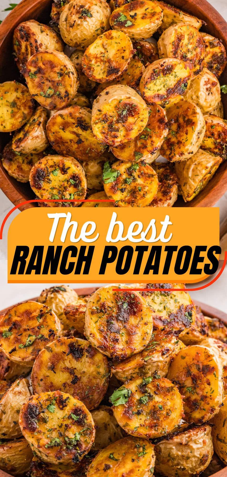 Two close-up views of crispy golden ranch roasted potatoes with herbs in a wooden bowl.