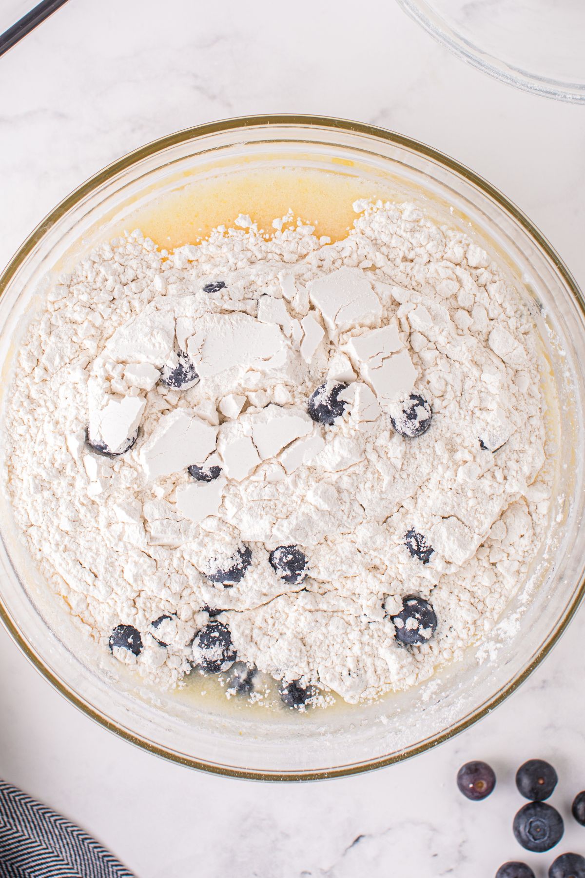 add flour and blueberries into the wet mixture. 