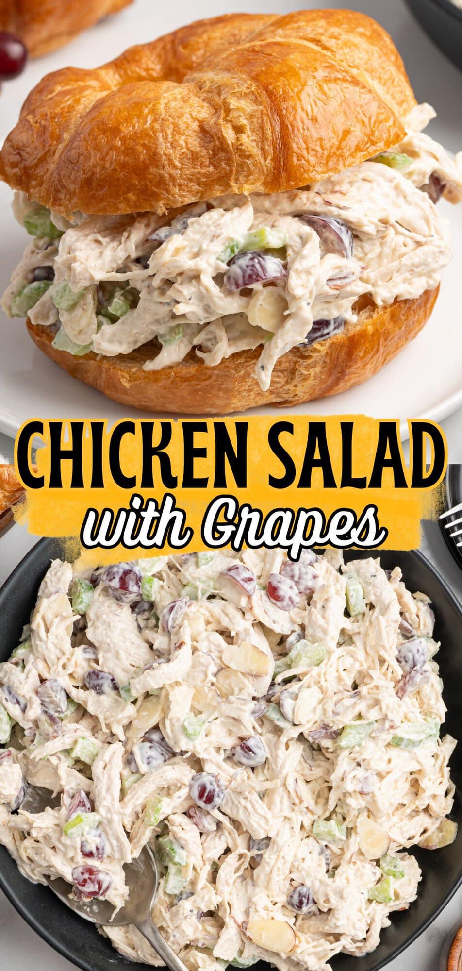 Chicken Salad with Grapes on a croissant sandwich and in a bowl with celery, grapes, and almonds.