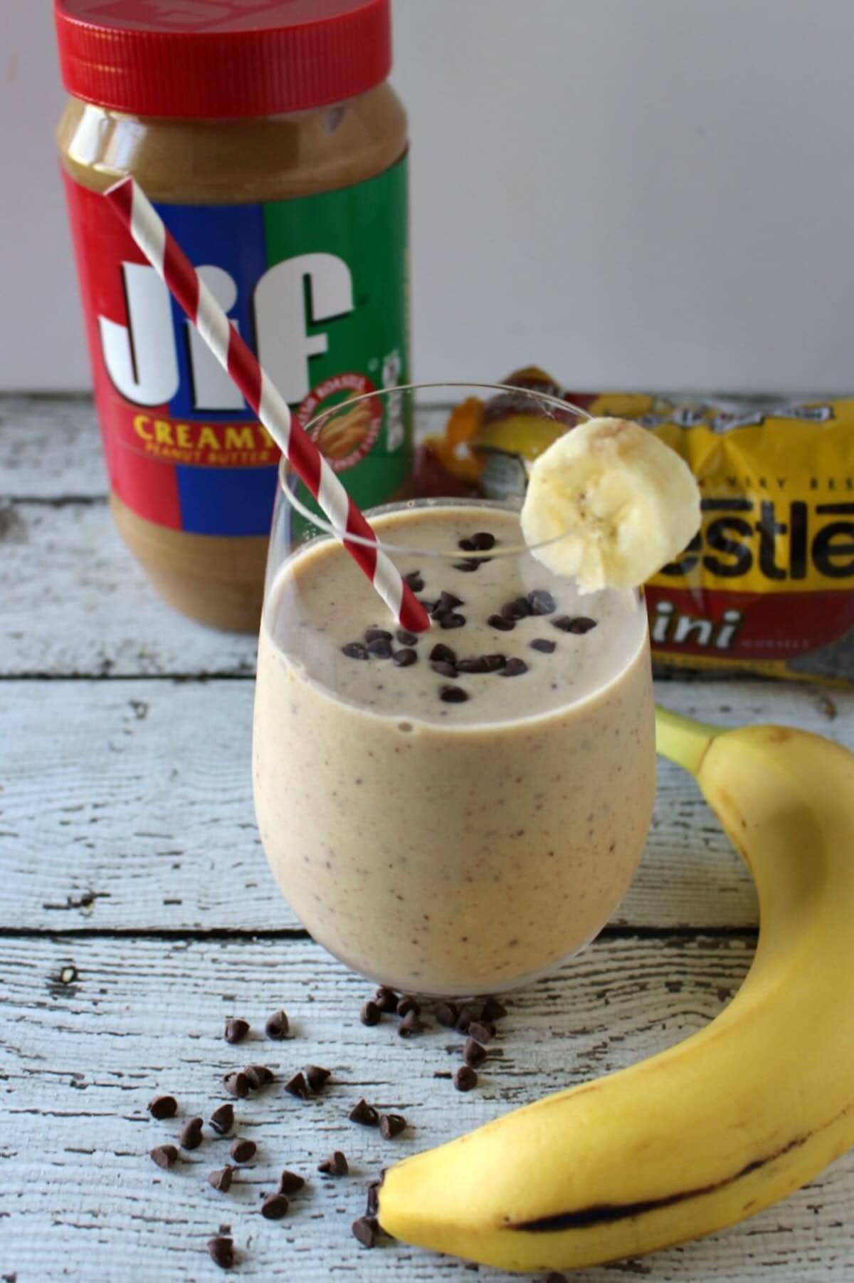 a glass of chunky monkey smoothie