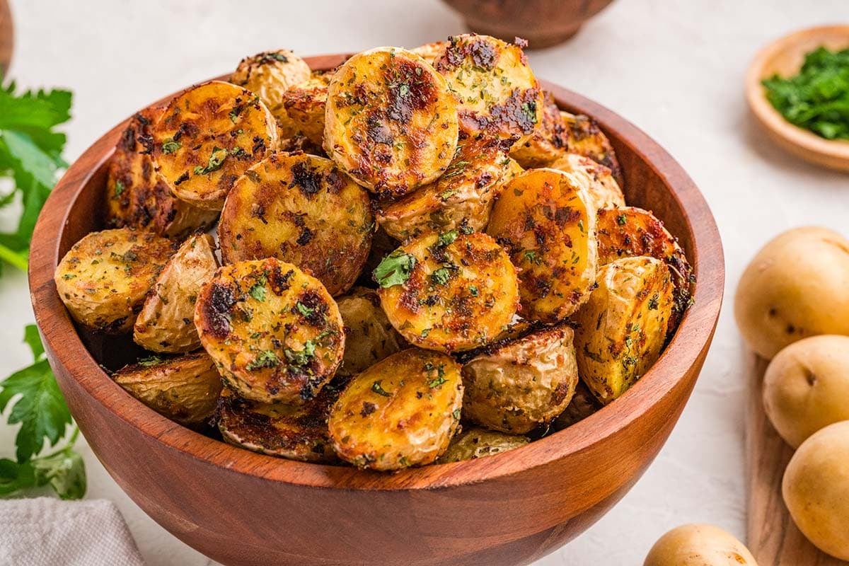 Crispy ranch potatoes with a golden crust and tender center.