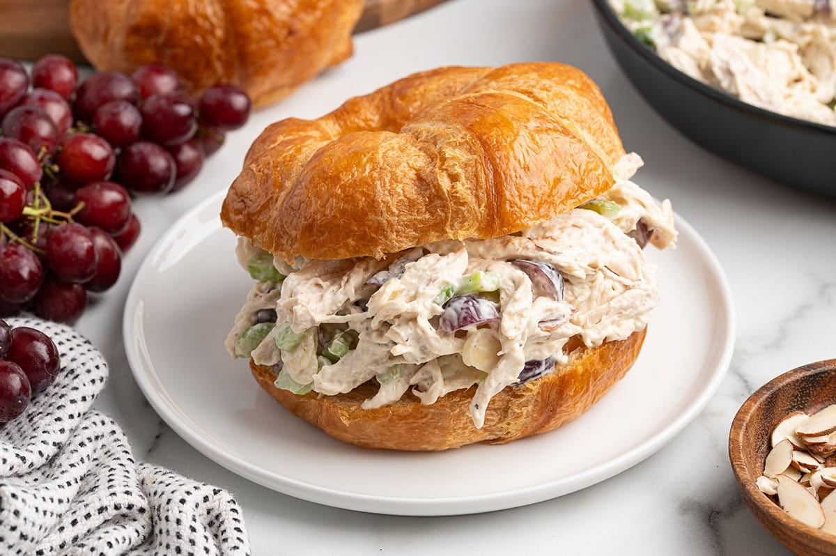 Chicken salad with grapes on a buttery croissant, served on a white plate.