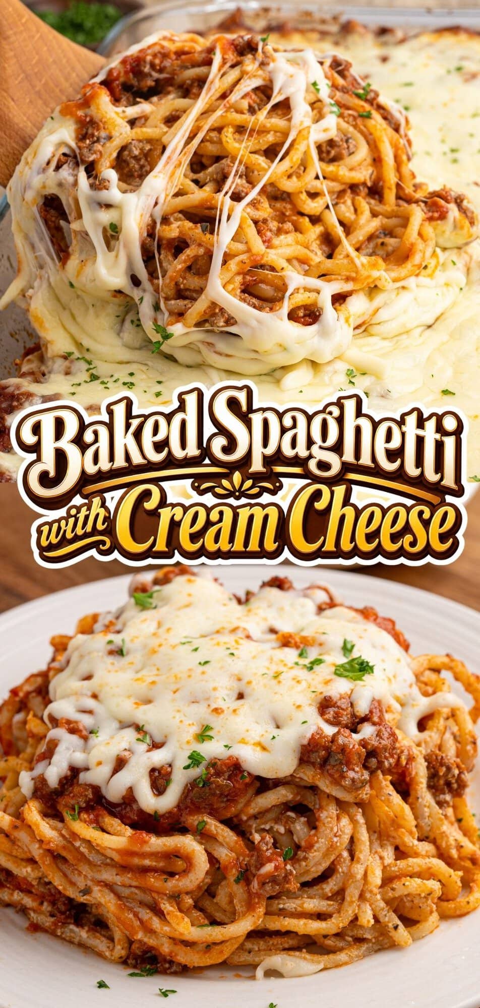 Slice of cheesy baked spaghetti with cream cheese and meat sauce being served.