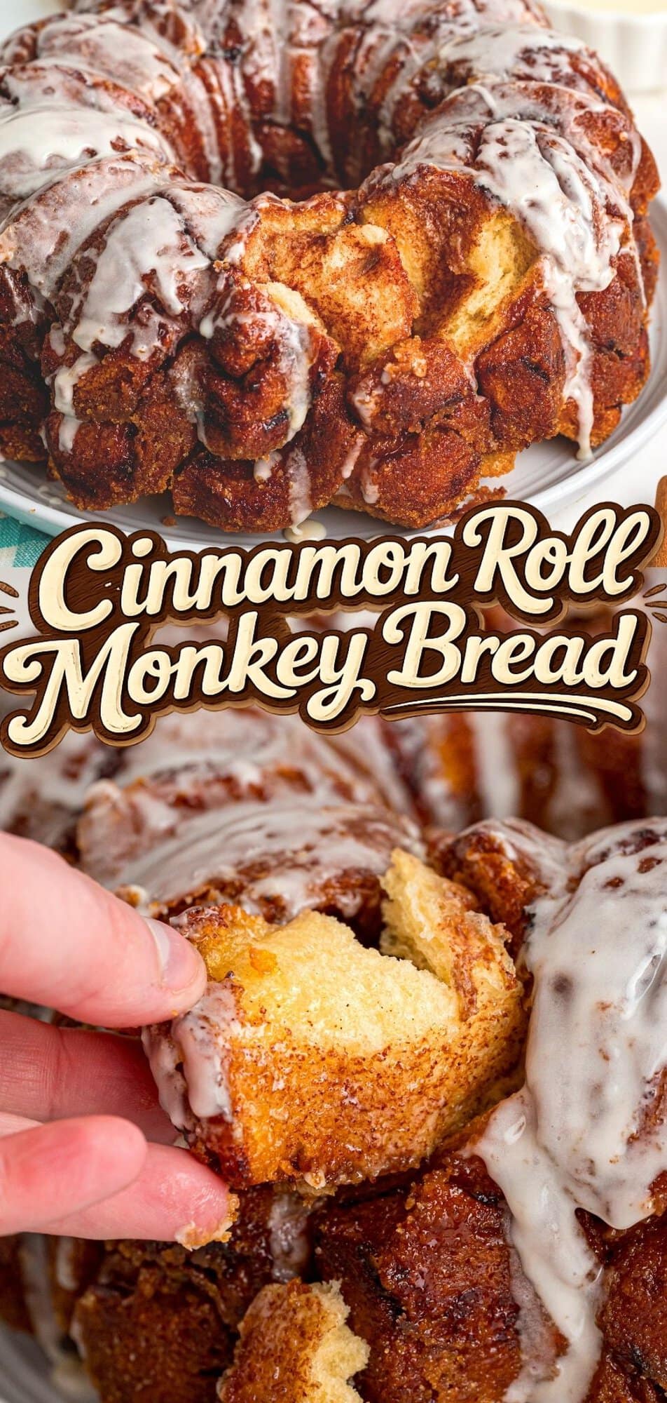 Pulling apart a gooey piece of glazed cinnamon roll monkey bread by hand.
