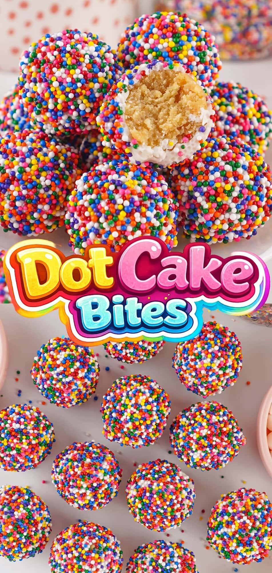 vanilla cake balls covered in rainbow nonpareil sprinkles, with one bitten open showing the cake inside, and an overhead view of a full batch.