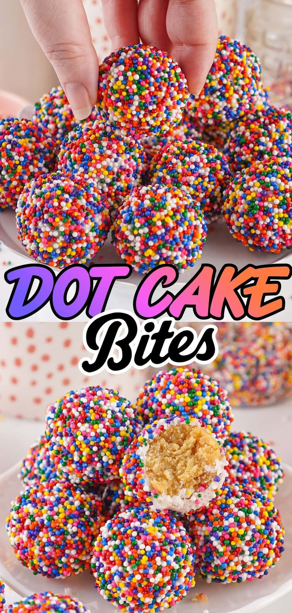 a hand picking up a rainbow nonpareil-covered cake ball, with a close-up of one bitten open revealing the vanilla cake inside.