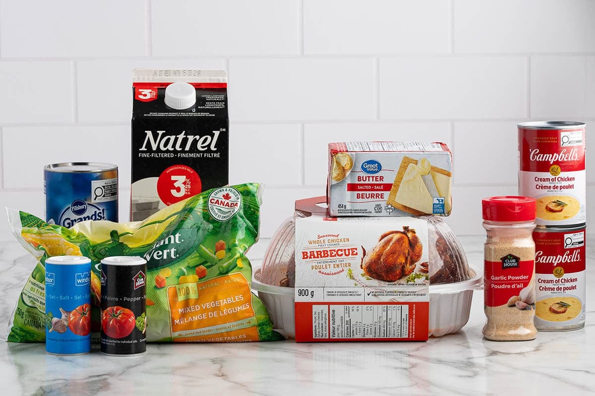 Chicken pot pie ingredients.
