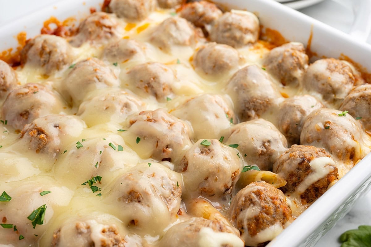 close up look meatball casserole.