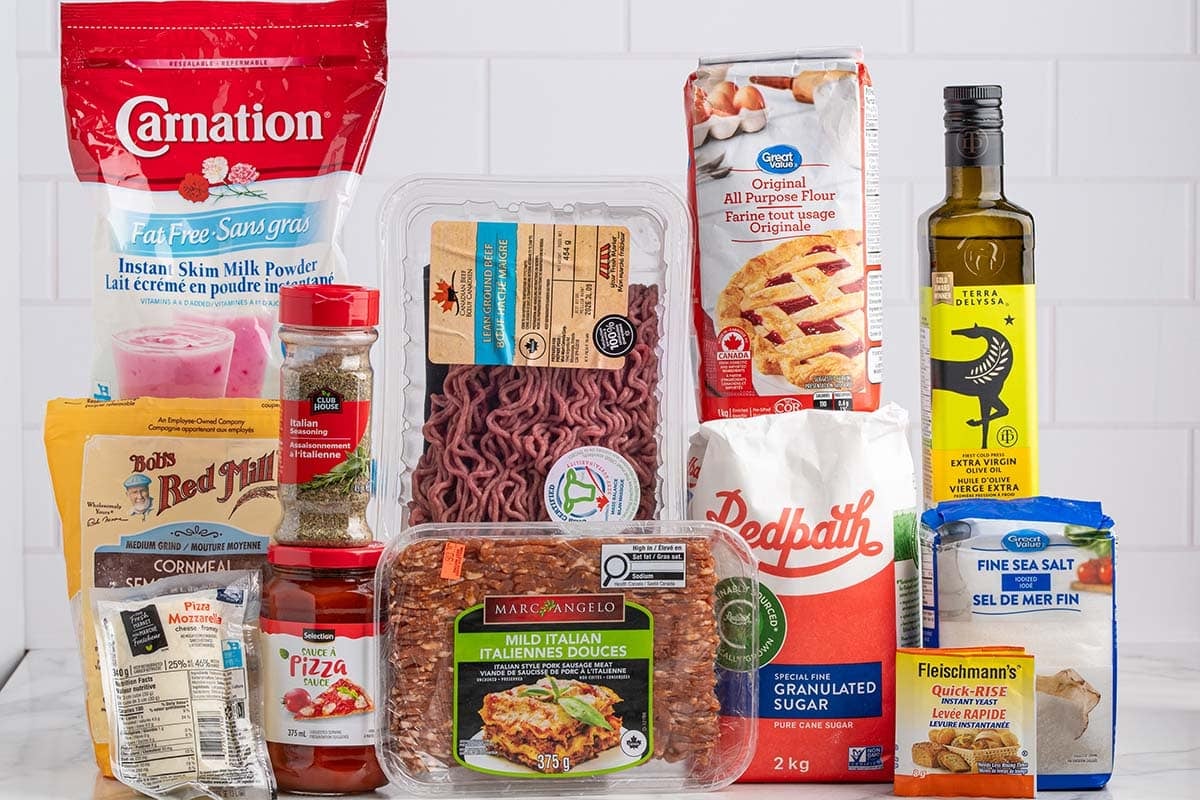 Retangle pizza ingredients.