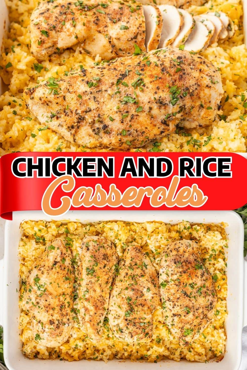 Chicken and rice casserole recipe pin with seasoned chicken breasts in a baking dish.