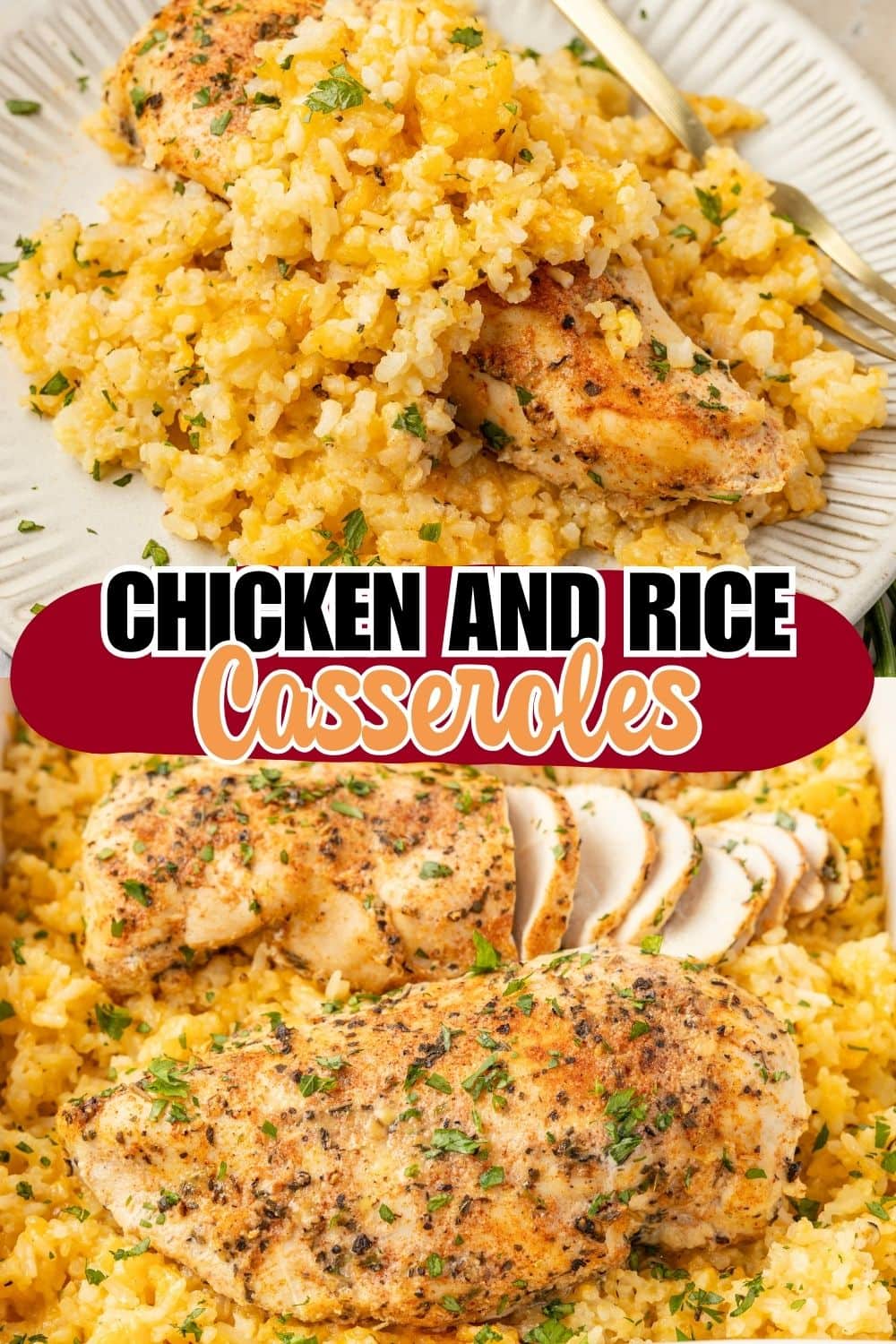 Chicken and rice casserole recipe pin with a plated serving above the baked dish.