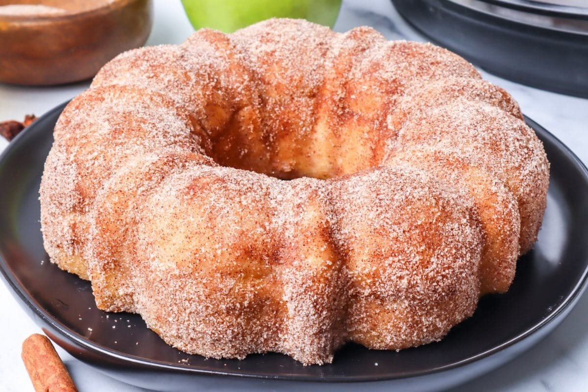 Close-up of a cinnamon-sugar coated apple cider doughnut cake on a black plate with a cinnamon stick and green apple nearby.