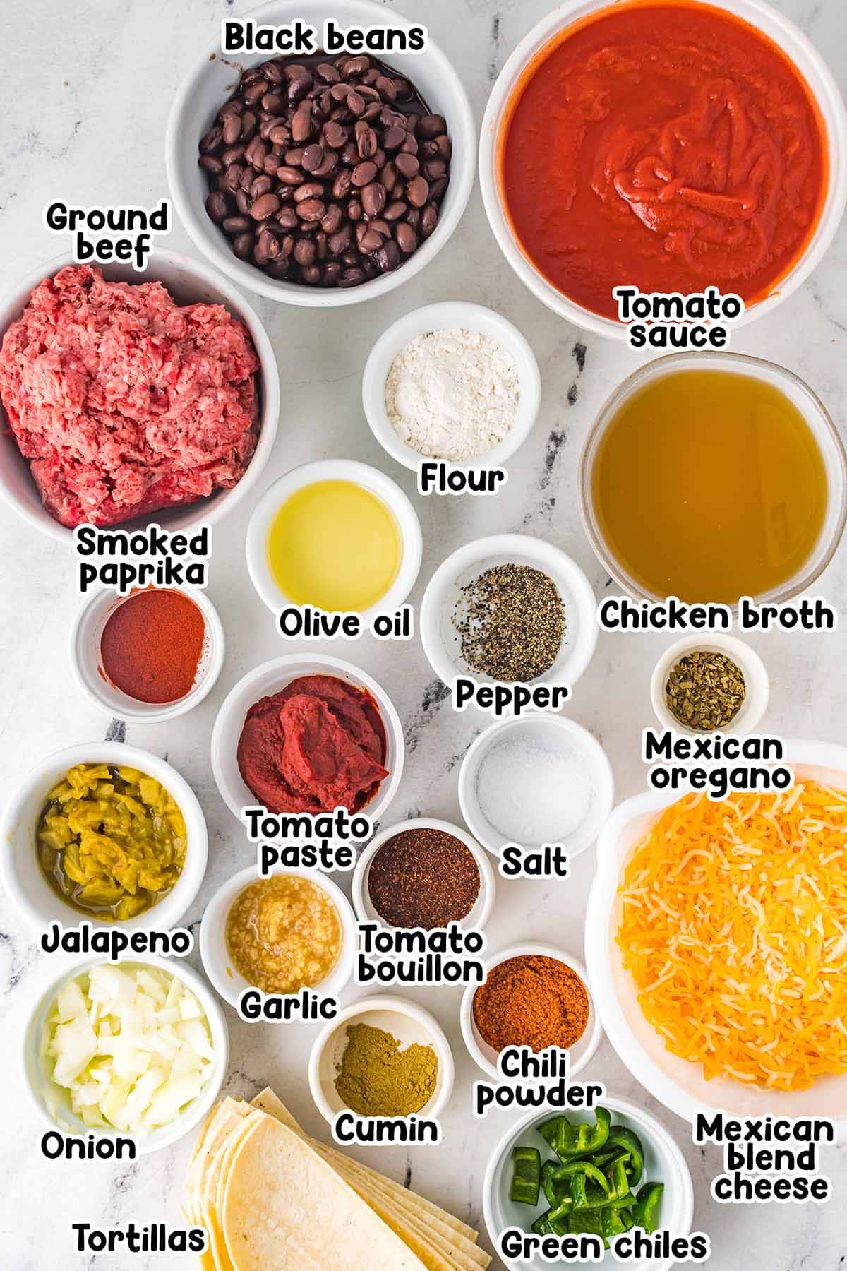 Beef enchilada casserole ingredients.