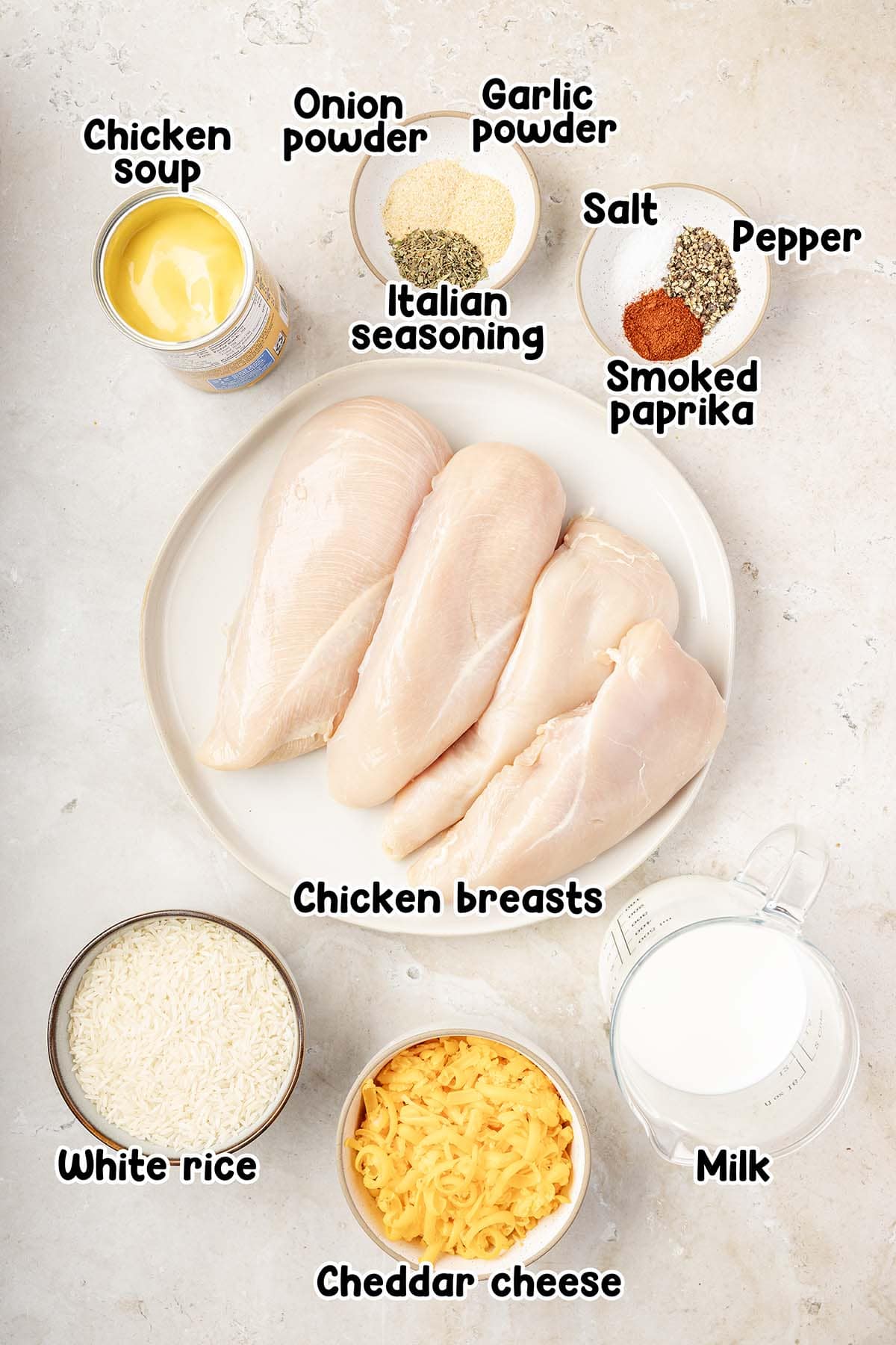 Chicken and rice casserole ingredients.