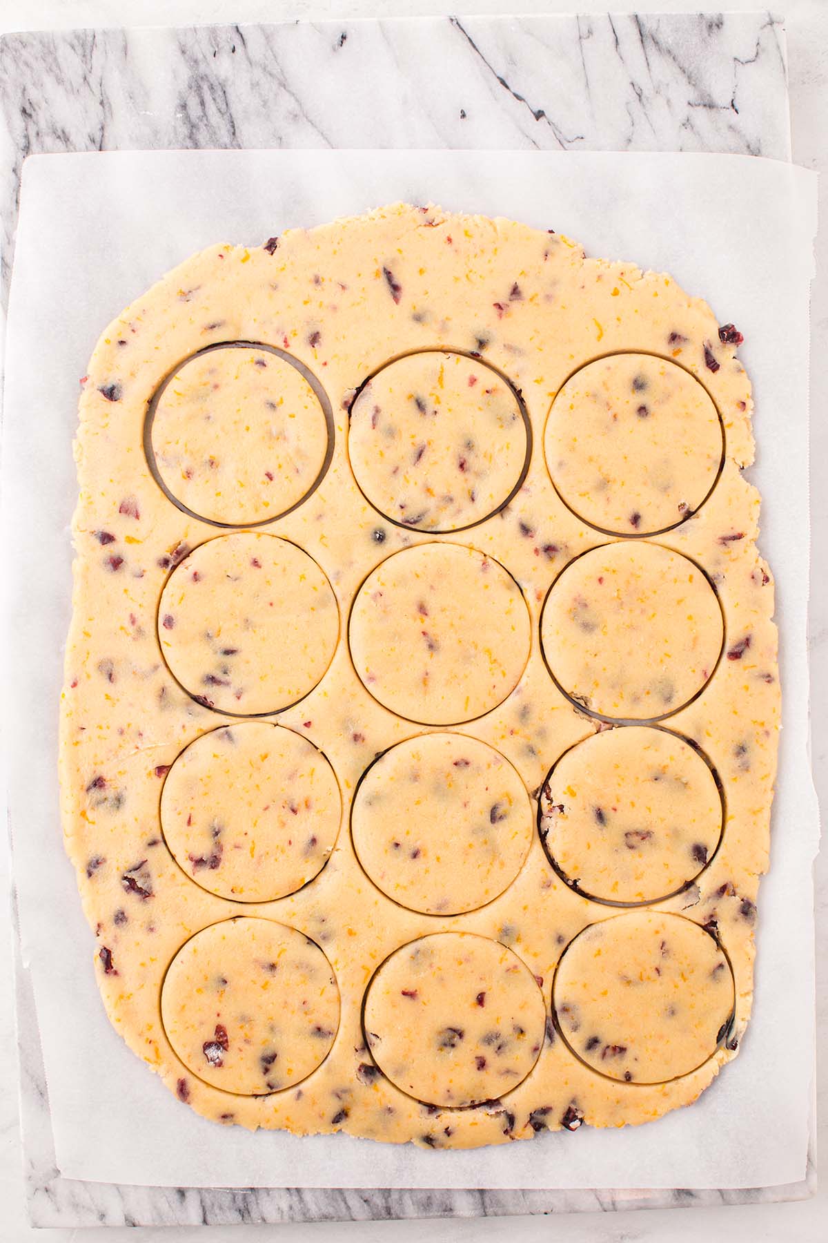 Cranberry orange shortbread dough cut into rounds before baking.