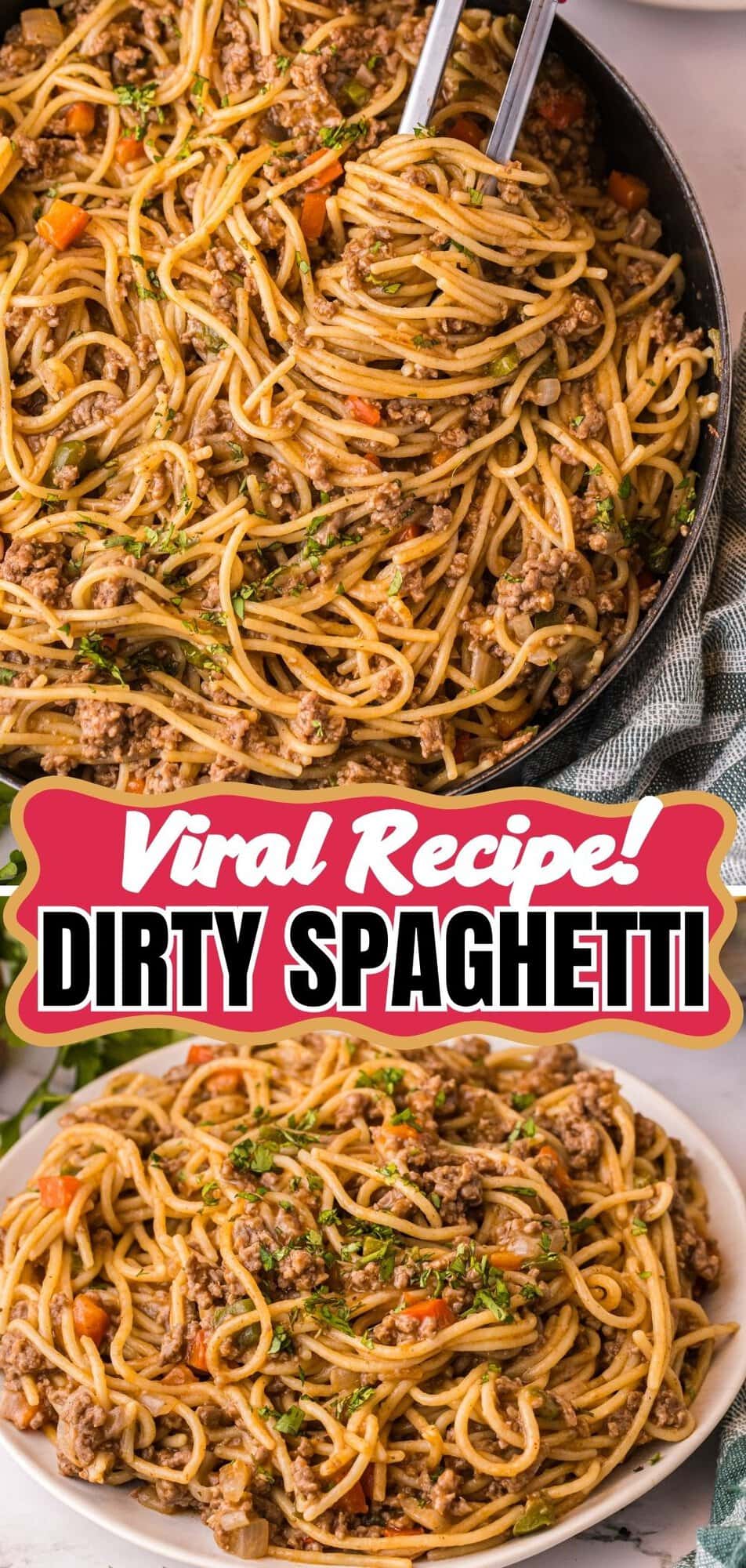 Tongs lifting dirty spaghetti from a skillet above a photo of the pasta plated.
