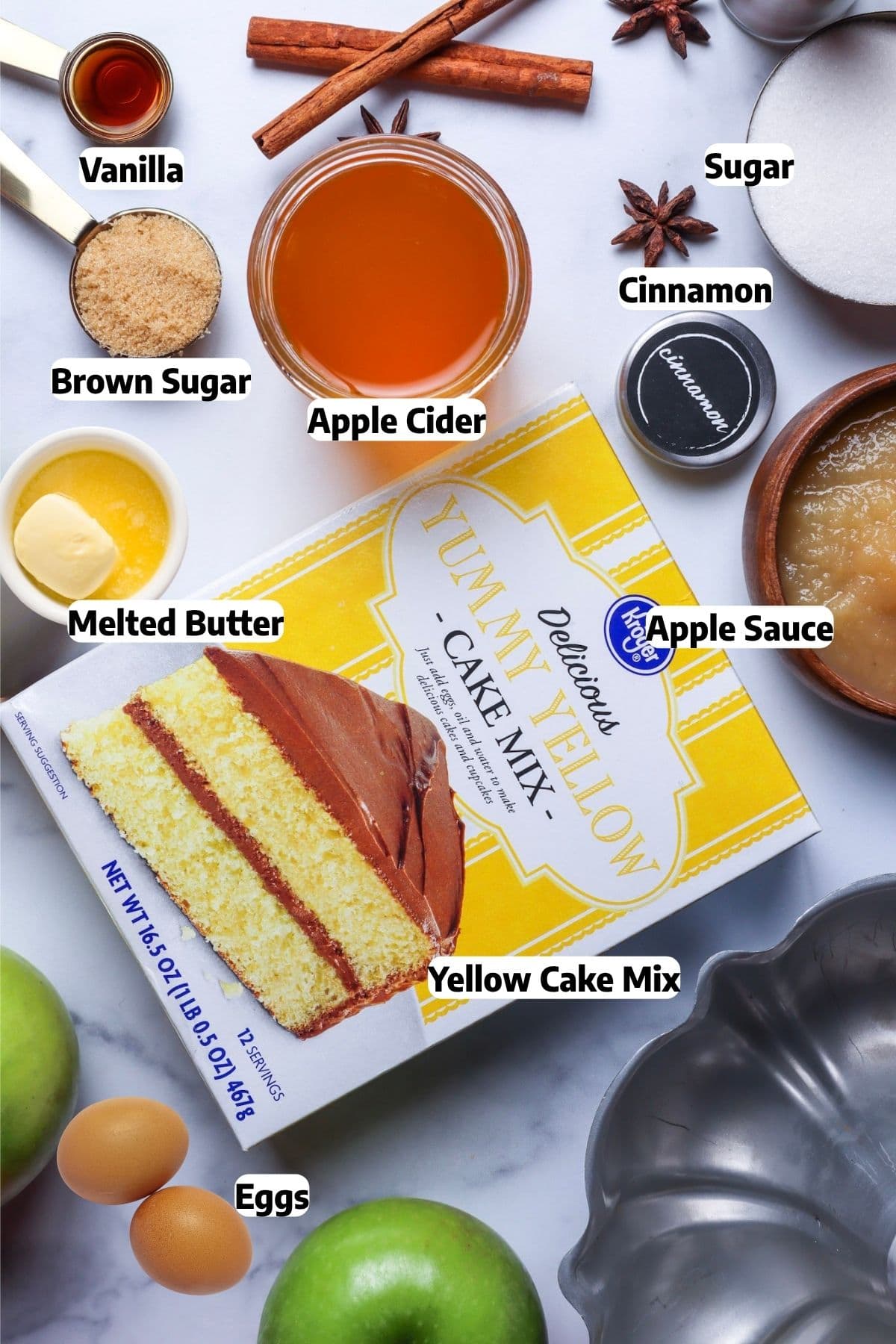Apple cider donut cake ingredients.
