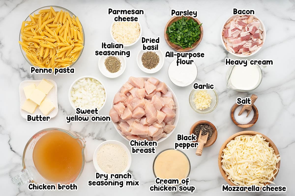Chicken bacon ranch casserole ingredients.