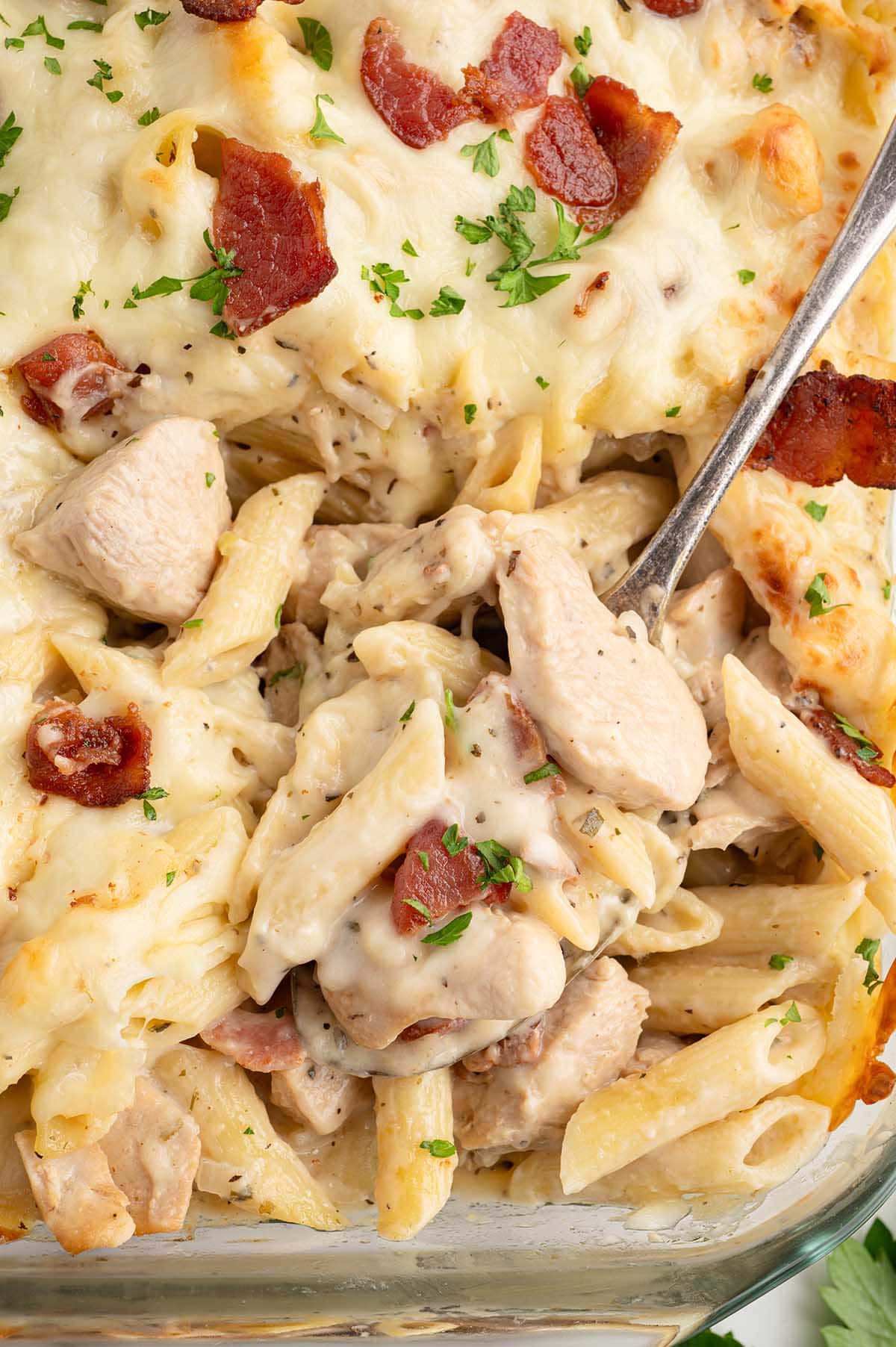 Creamy ranch sauce coats every piece of tender chicken and penne, with crispy bacon, melted cheese, and fresh parsley in every bite.