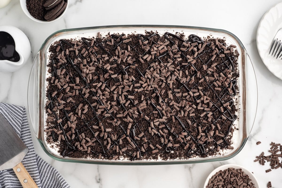 an overhead shot of chocolate lasagna in a pan
