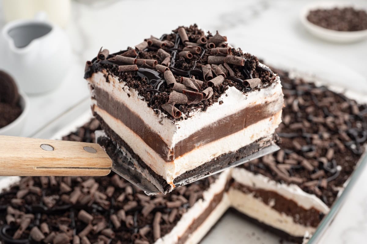a slice of chocolate lasagna on a spatula
